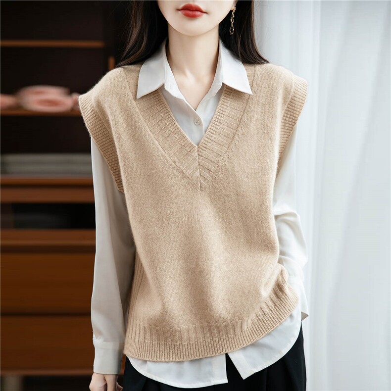 秋冬V领100%纯羊毛针织马甲女加厚叠穿无袖毛衣宽松纯色外搭坎肩，女装马甲，绒汀羊绒