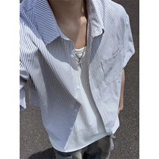 夏季条纹短袖衬衫男潮牌宽松休闲翻领衬衣外套DC2237-特价P26，男装衬衫，电商A007