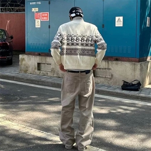 重磅秋冬装北极绒套头毛衣美式复古休闲慵懒风提花工艺针织衫外套