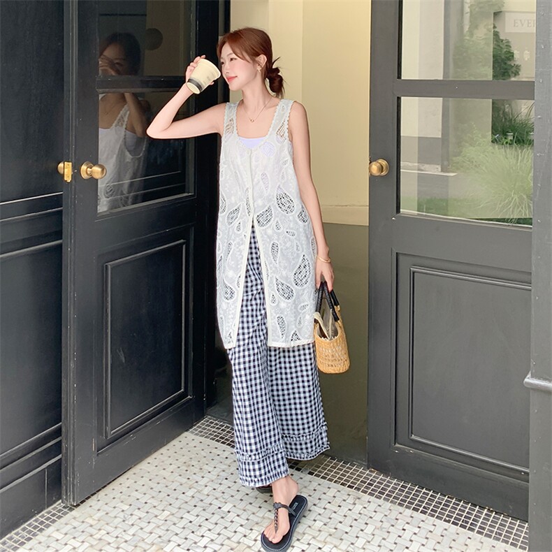 蕾丝无袖背心阔腿裤套装女夏2025新款两件套不规则大方得体流行,女装套装/套裙,欧黛芙妮