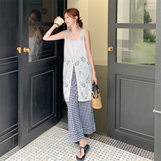 蕾丝无袖背心阔腿裤套装女夏2025新款两件套不规则大方得体流行，女装套装/套裙，欧黛芙妮