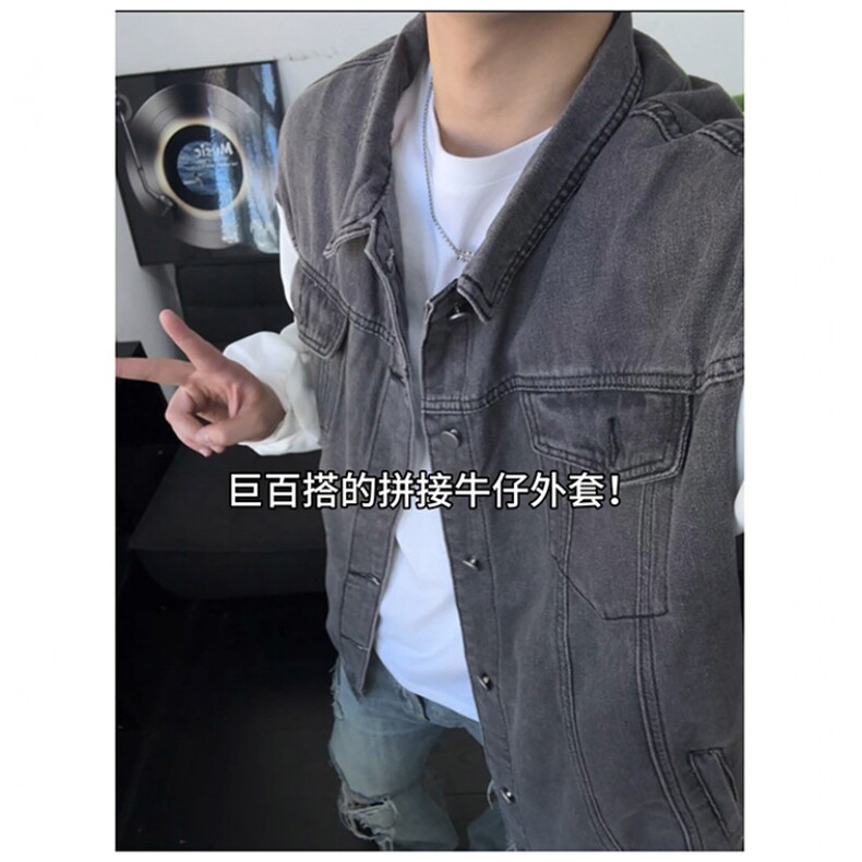 JK3050-p70-限价98 现货拼接港风大码肥仔牛仔外套ins宽松夹克图片