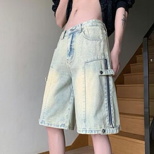 日系复古水洗做旧牛仔短裤男女夏季宽松直筒阔腿五分裤DA6668-P32图片