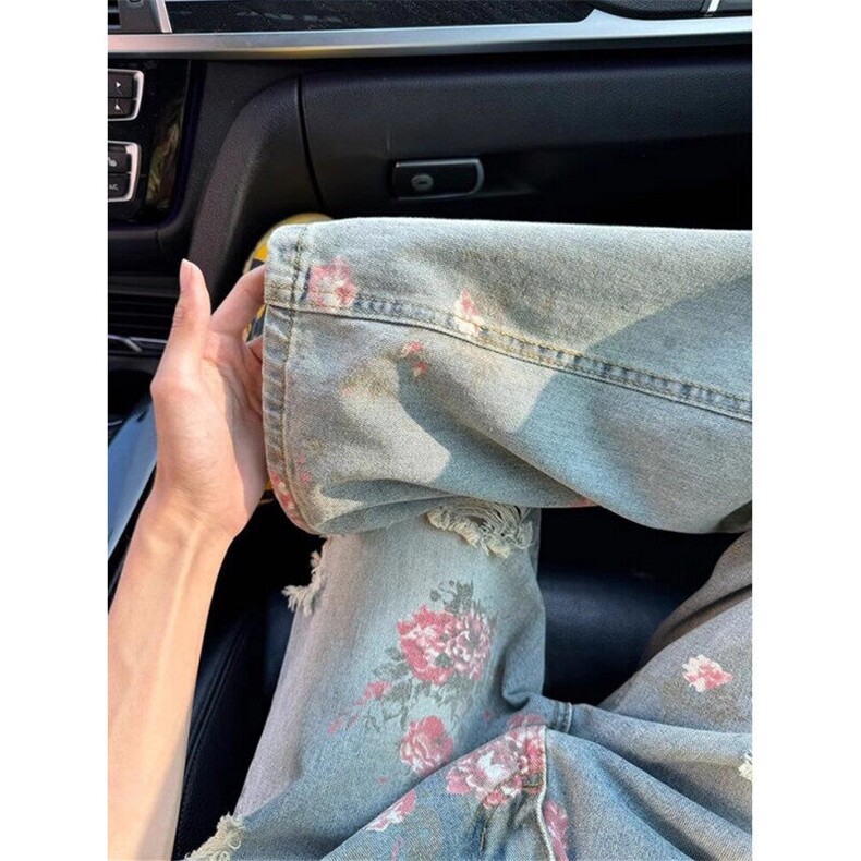 美式高街花卉破洞牛仔裤男款痞帅高级感显瘦裤子玫瑰满印直筒长裤,男装牛仔裤,星座1116A（原606A-3）