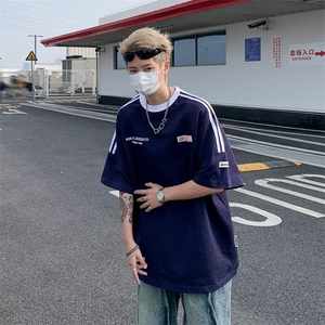 短袖t恤男欧美潮牌半袖精梭棉宽松嘻哈高街百搭上衣字母印花潮酷图片