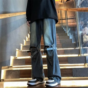美式复古破洞牛仔裤男女高个子阔腿裤设计感高腰超长拖地裤G2004图片