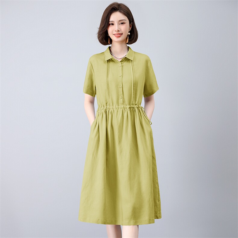 天丝亚麻抽绳收腰显瘦连衣裙女夏宽松大码洋气减龄中年妈妈40岁50,女装连衣裙,曼沙奕珂
