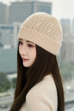 时尚保暖羊绒针织帽加厚绞花挽边设计百搭显瘦女士毛线帽，帽子，蒙娇羊绒