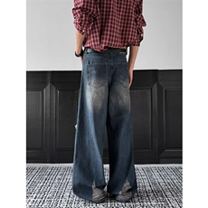 夏季美式迷彩补丁破洞牛仔裤男款高级感痞帅微喇宽松阔腿裤，男装牛仔裤，星座410-7