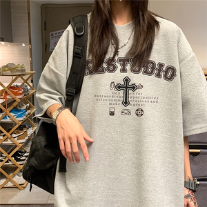 EQ244* 230克华夫格短袖男女学院风卡通印花T恤港风ins潮流夏季图片