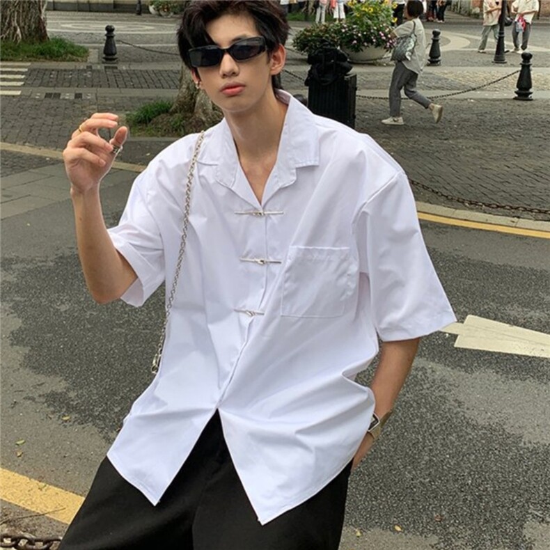 新中式男装风金属扣短袖衬衫男高级感民学生装衬衣薄款外套,男装衬衫,星座506A