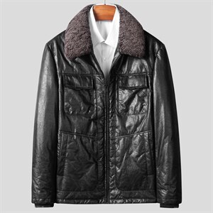W21130海宁皮衣男头层牛皮白鸭绒羽绒服短款翻领皮夹克冬P780图片