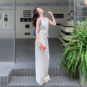 简约老钱风重工刺绣马甲阔腿裤套装女2026夏季显瘦超好看一整套图片