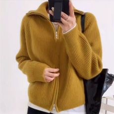 秋冬新款纯色针织翻领拉链开衫时尚百搭，女装针织衫/毛衣，冀清阳荣