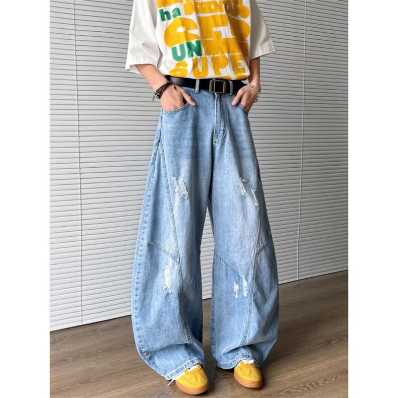 1506/Q4100/P56美式春秋高腰显瘦直筒裤百搭弯刀阔腿拖地感长裤图片