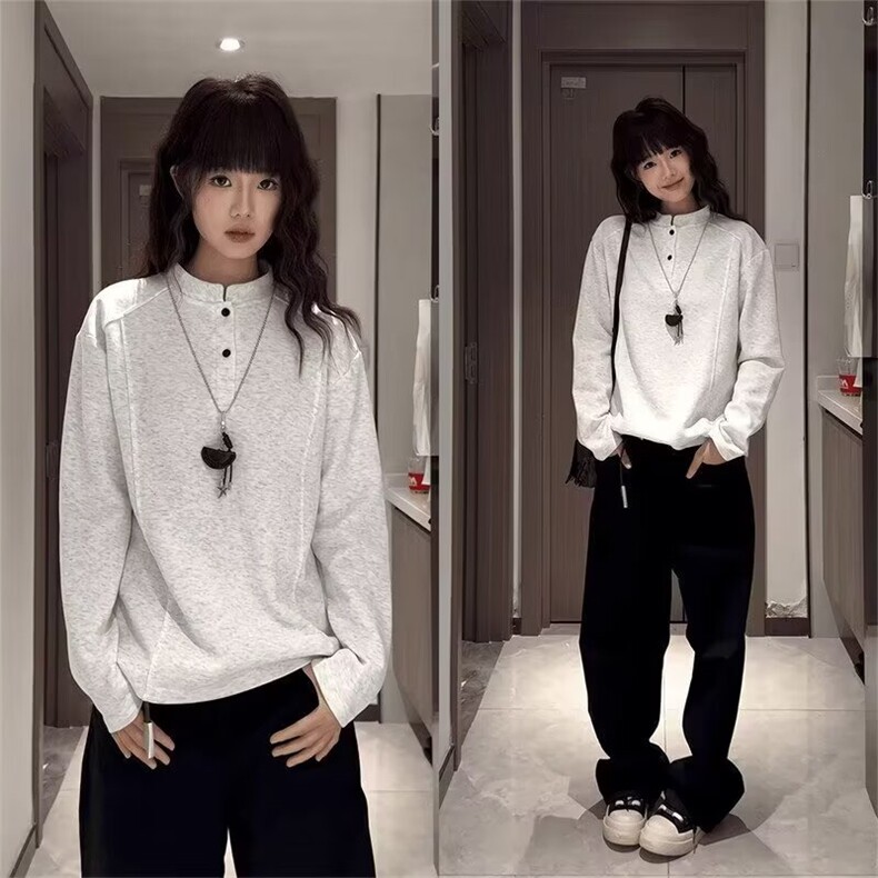白灰色美式亨利领卫衣男秋季黑色弯刀牛仔裤子一整套ootd穿搭套装,男装卫衣,星座506A