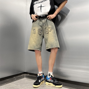 黄泥色痞帅裤美式高街牛仔短裤直筒五分裤潮牌中裤马裤DK0910-P38图片