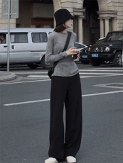 休闲卷边圆领薄款高街长袖，女装针织衫/毛衣，雪真羊绒