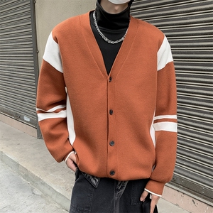 高品质秋冬男V领毛衣开衫条纹拼色休闲打底外套M620P60,高腰宽松绿色外套怎么搭配图片