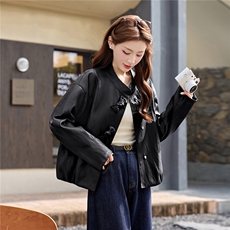 韩风糖果按扣皮衣外套女2026新款春气质小立领PU夹克上衣女外套，女装皮衣，流量+