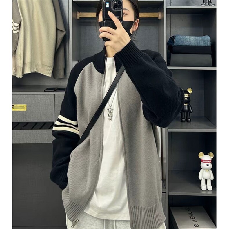 美式复古撞色条纹针织开衫外套男春秋感情侣立领短款夹克ZZS71p55,男装针织衫/毛衣,电商D256A(原A064A)