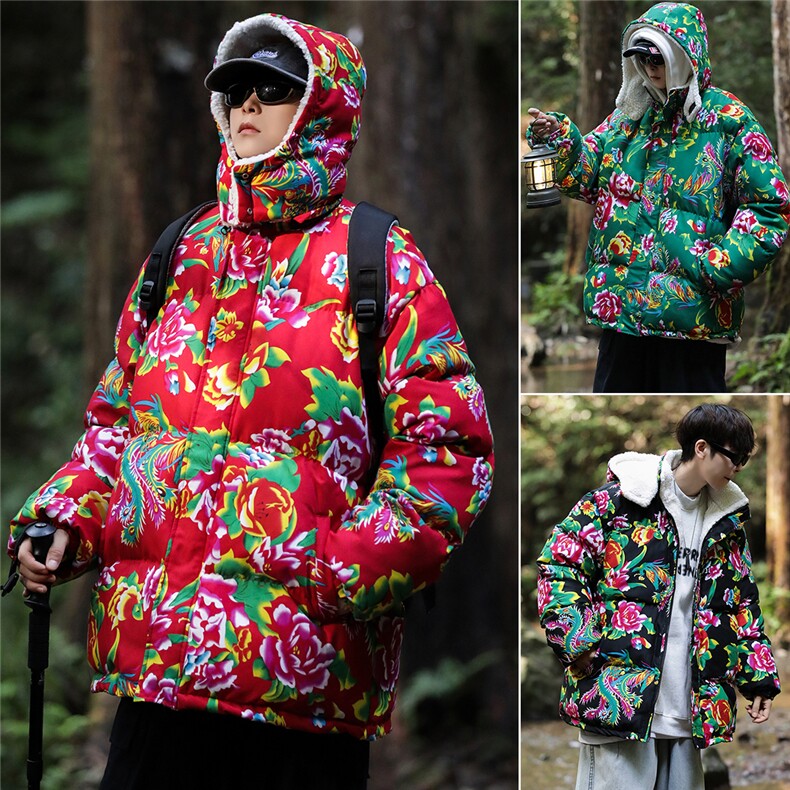 A1情侣装东北大花羊羔毛棉衣保暖防寒风汉服团队服可脱卸帽图片