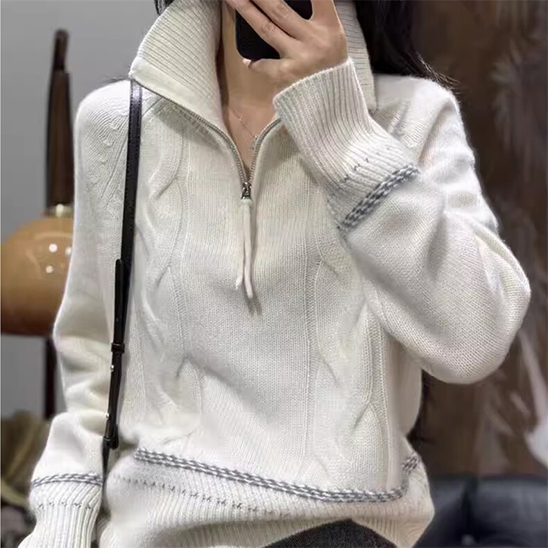 2025年秋季时尚百搭休闲半拉链麻花慵懒时尚百搭，女装针织衫/毛衣，奢优羊绒