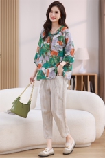 妈妈款加肥加大棉麻上衣裙裤套装夏装中老年洋气时髦穿搭两件套，女装套装/套裙，江忆布依