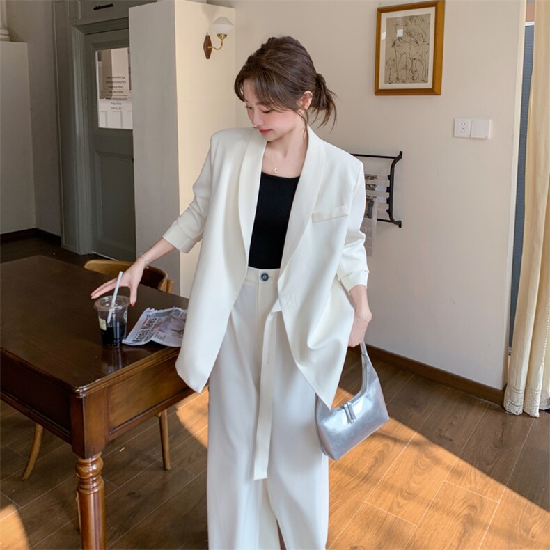 白色休闲西装套装女春季2026超火减龄轻奢高级感气质阔腿裤两件套,女装套装/套裙,浙宝128A