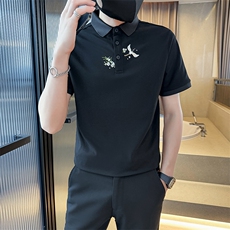 主推款2025夏季新款仙鹤印花风短袖T恤翻领Polo衫男T6077-P48，男装T恤，电商D342