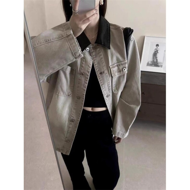 JK8967-P65灰色拼接pu皮领牛仔外套男女秋冬款中性工装褂子,男装工装外套,电商B323A