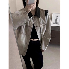 JK8967-P65灰色拼接pu皮领牛仔外套男女秋冬款中性工装褂子，男装工装外套，电商B323A