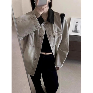 JK8967-P65 灰色拼接pu皮领牛仔外套男女秋冬款中性工装褂子图片