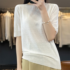 短袖针织衫女薄款夏短款宽松外穿上衣纯色半袖打底小衫，女装T恤，越洋羊