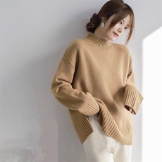 秋冬软糯羊毛衫女半高领开叉短款慵懒宽松针织打底毛衣，女装羊毛衫，思途羊绒
