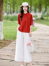 时尚洋气优雅套装女2026夏季新款复古气质衬衫宽松阔腿裤两件套，女装套装/套裙，魅影