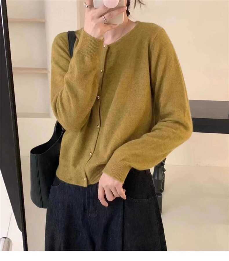 秋冬圆领长袖纯色开衫女宽松百搭休闲针织毛衣外套上衣,针织衫/毛衣,半城羊绒