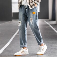 秋季牛仔裤男直筒宽松阔腿休闲长裤潮牌破洞九分裤子903-P45，男装牛仔裤，电商A318