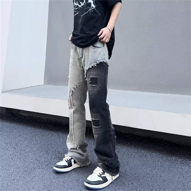 嘻哈高街vibe破洞毛边撞色拼接牛仔裤男ins潮牌直筒微喇裤子-K716,男装牛仔裤,星座601-1