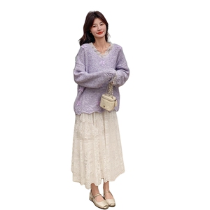 春装现货立体蝴蝶毛衣蕾丝半身裙两件套2C133-8903-P145-K198图片