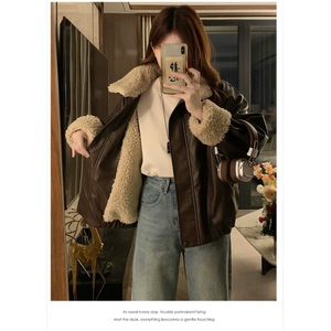 CC691-P135美拉德咖色复古羊羔毛皮衣外套女冬加厚加绒机车服夹克图片