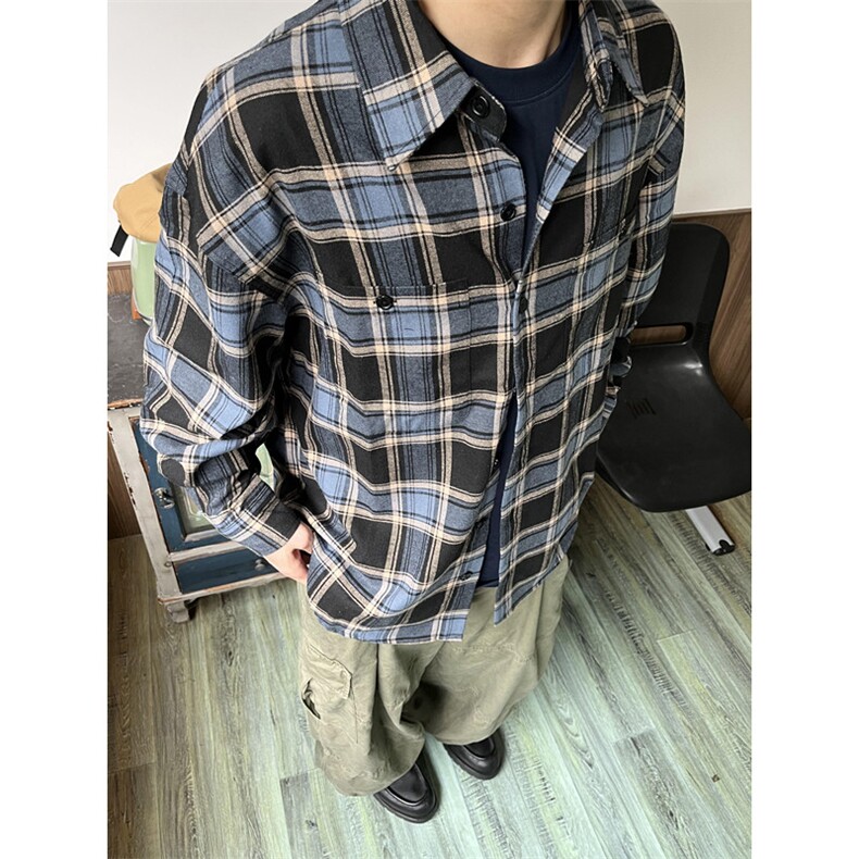 高质荃棉复古男咖蓝撞色格纹格子廓形宽松衬衫C3023,男装衬衫,星座1116A（原606A-3）
