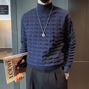 英伦风纯色半高领绅士男针织套头长袖波浪纹弹力打底衫毛衣 M875图片