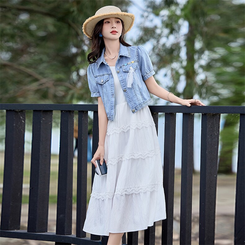 薄款牛仔短袖外套女连衣裙套装2025夏设计感中长款吊带裙子两件套,商品下架区,贝蕾酷儿