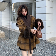 现货新款双面羊绒大衣带袖毛格子配腰带时尚洋气，女装双面呢大衣，网红馆