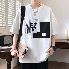 撞色拼接休闲宽松短袖T恤男士夏季潮牌潮流上衣服五分半袖体恤衫，男装T恤，星座1210-1