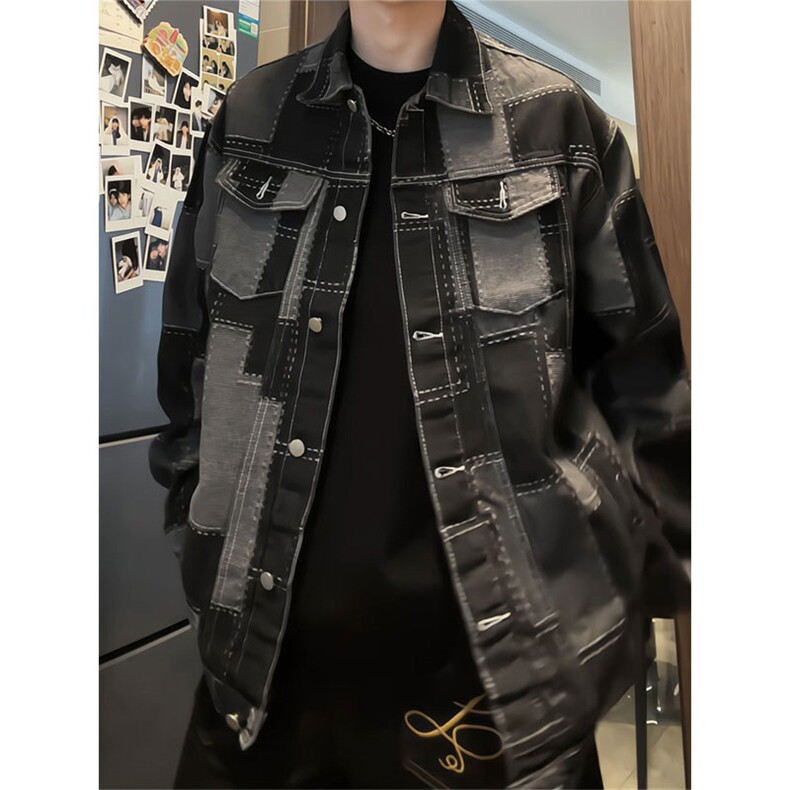 工装风拼接牛仔夹克男翻领宽松百搭外套青年纽扣上衣JA36-特价P58,男装夹克,电商A007