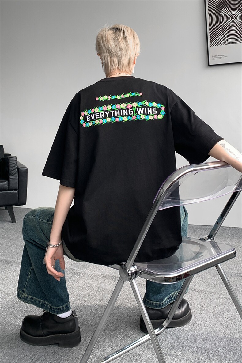 潮牌短袖T恤花绘刺绣设计感T恤美式复古刺绣立体短袖T恤半袖P50,男装T恤,电商B319
