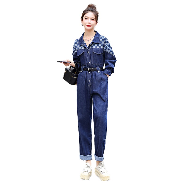 牛仔工装连体裤女2025春秋新款拼接格子高级感时尚流行连衣裤,女装连体裤,E百度
