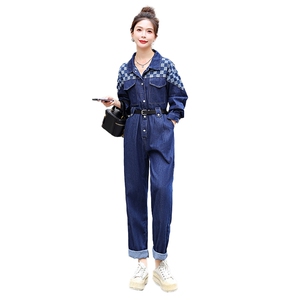 牛仔工装连体裤女2025春秋新款拼接格子高级感时尚流行连衣裤图片